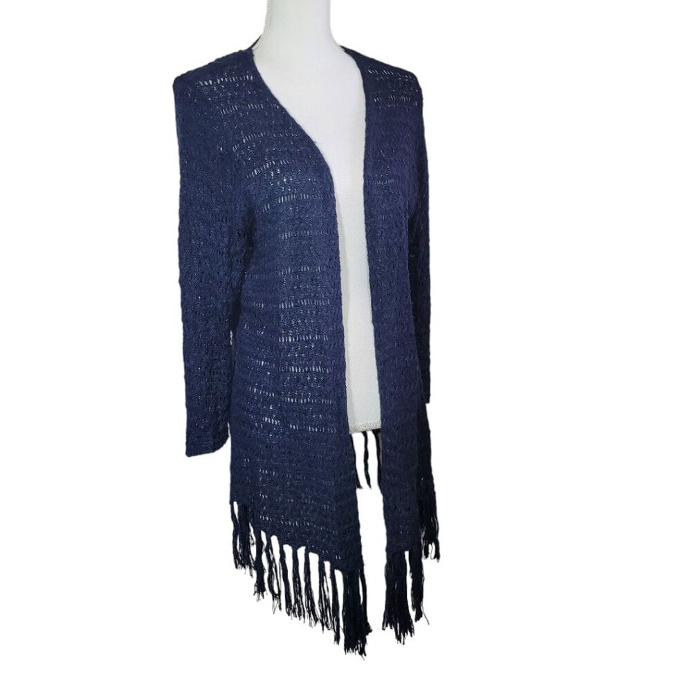 99 Jane Street‎ Knit Cardigan Fringe Open Front Mid Sleeve Blue Womens XL